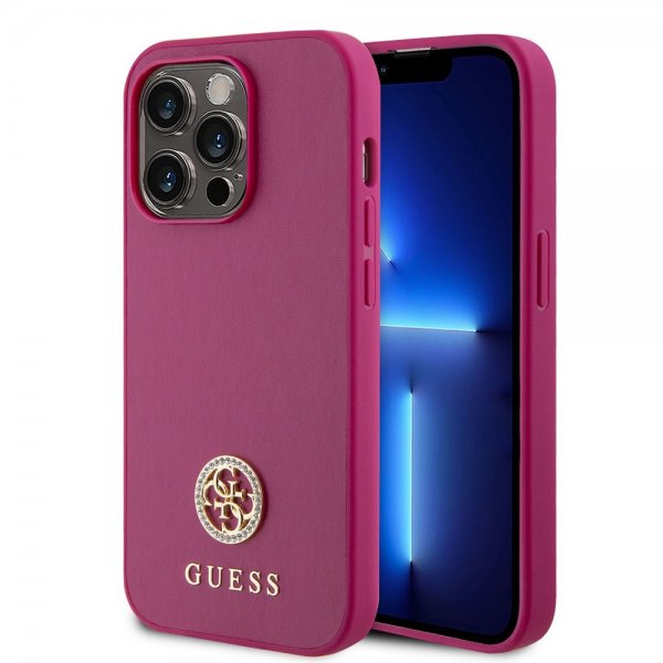 Guess iPhone 15 Pro Cover Metal Logo Rhinsten Metallic Rosa