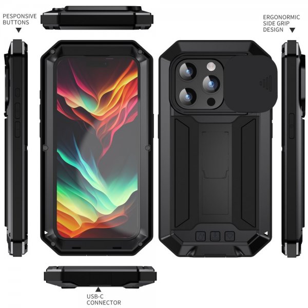R-JUST iPhone 15 Pro Cover Metal Stødsikkert Kamerabeskyttelse Sort