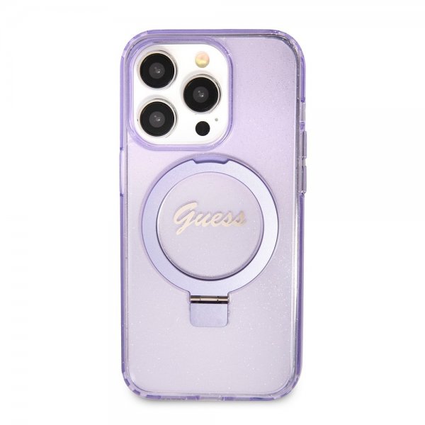 Guess iPhone 15 Pro Cover Ring Stand Glitter MagSafe Lilla
