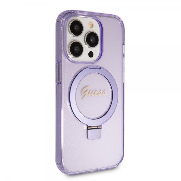 Guess iPhone 15 Pro Cover Ring Stand Glitter MagSafe Lilla