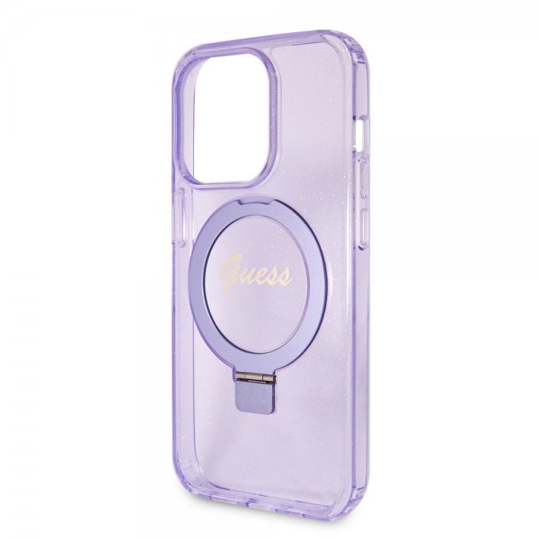 Guess iPhone 15 Pro Cover Ring Stand Glitter MagSafe Lilla