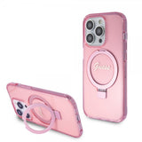 Guess iPhone 15 Pro Cover Ring Stand Glitter MagSafe Rosa