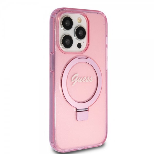 Guess iPhone 15 Pro Cover Ring Stand Glitter MagSafe Rosa