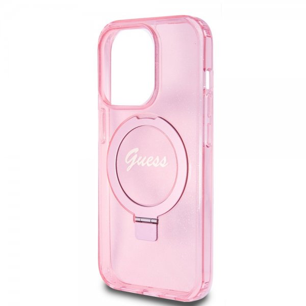 Guess iPhone 15 Pro Cover Ring Stand Glitter MagSafe Rosa