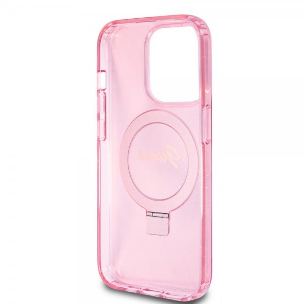 Guess iPhone 15 Pro Cover Ring Stand Glitter MagSafe Rosa