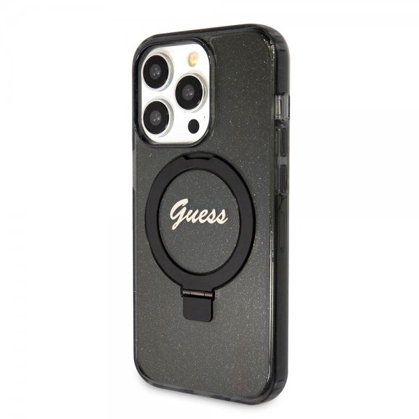 Guess iPhone 15 Pro Cover Ring Stand Glitter MagSafe Sort