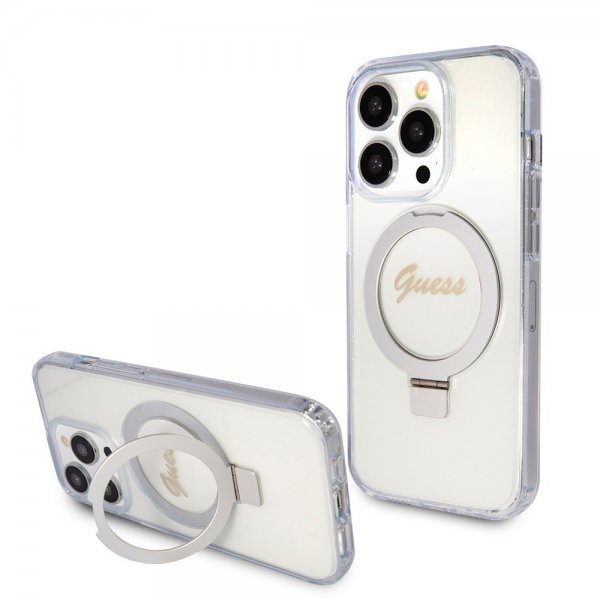 Guess iPhone 15 Pro Cover Ring Stand Glitter MagSafe Transparent