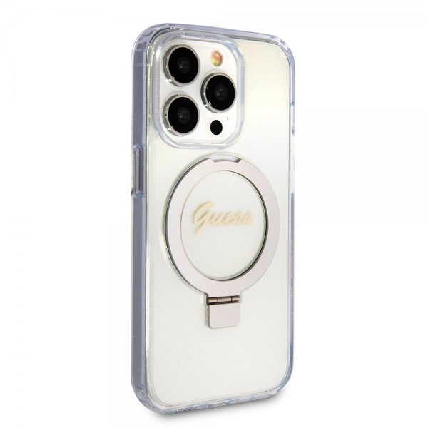Guess iPhone 15 Pro Cover Ring Stand Glitter MagSafe Transparent