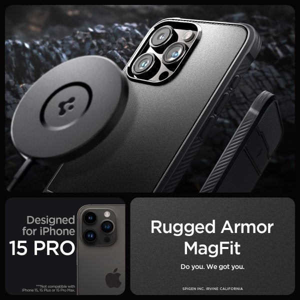 Spigen iPhone 15 Pro Cover Rugged Armor MagFit Mat Sort