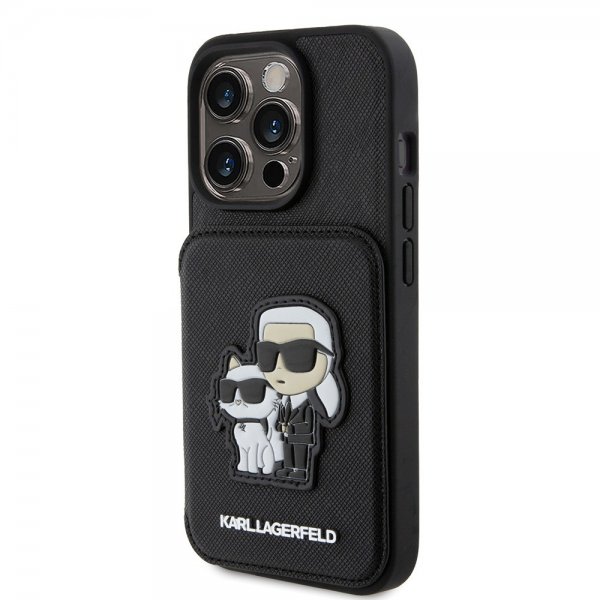 Karl Lagerfeld iPhone 15 Pro Cover Saffiano Kortpladser & Stand Sort