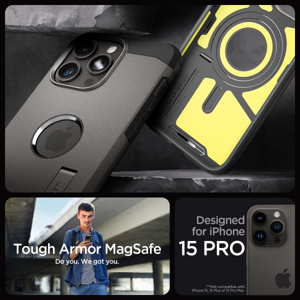 Spigen iPhone 15 Pro Cover Tough Armor MagFit Gunmetal