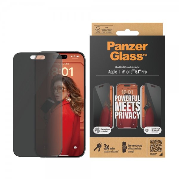 PanzerGlass iPhone 15 Pro Skærmbeskyttelse Ultra-Wide Fit Privacy EasyAligner