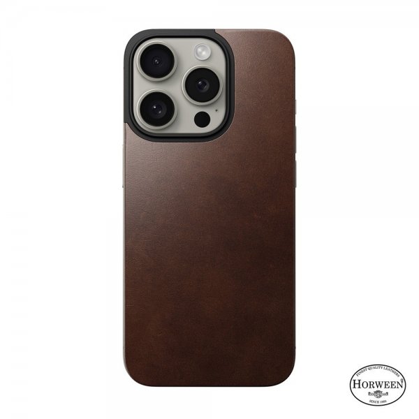 Nomad iPhone 15 Pro Skin Magnetic Leather Back Horween Rustic Brown