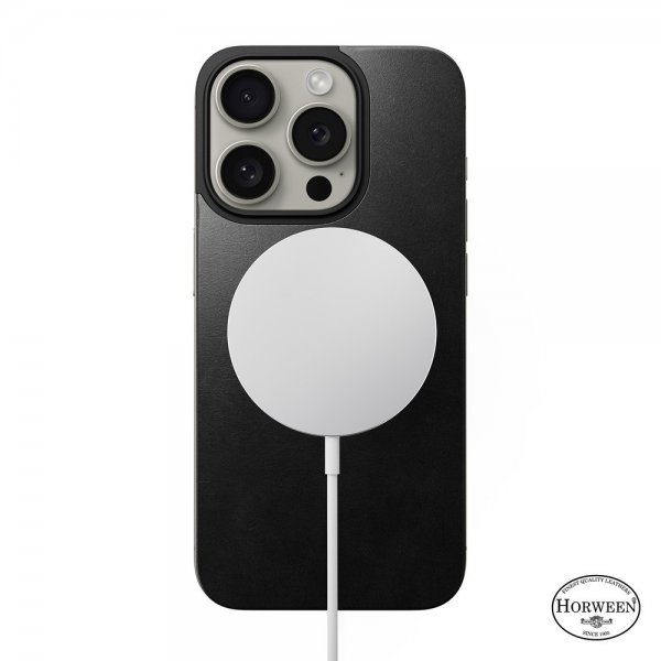 Nomad iPhone 15 Pro Skin Magnetic Leather Back Horween Sort
