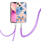 iPhone 15 Cover Blomstermønster med Rem Blå Pæon