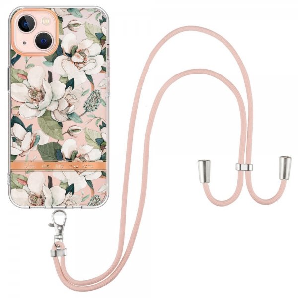 iPhone 15 Cover Blomstermønster med Strap Grøn Gardenia