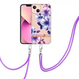 iPhone 15 Cover Blomstermønster med Rem Lilla Begonia