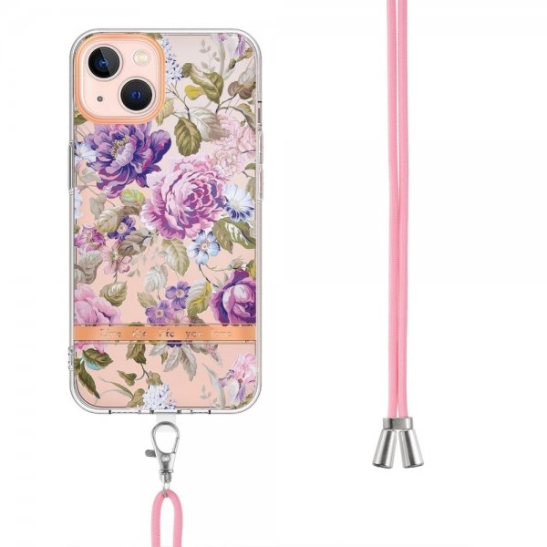 iPhone 15 Cover Blomstermønster med Strap Lilla Pæon