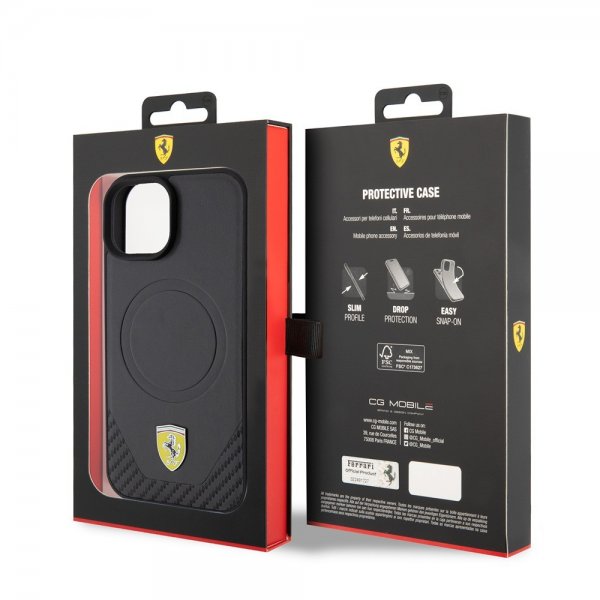 Ferrari iPhone 15 Cover Carbon PU Læder MagSafe Sort