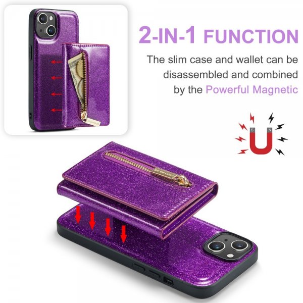 Dg.Ming iPhone 15 Cover M3 Series Aftagelig Kortholder Glitter Lilla