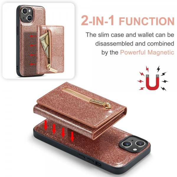 Dg.Ming iPhone 15 Cover M3 Series Aftagelig Kortholder Glitter Rosaguld