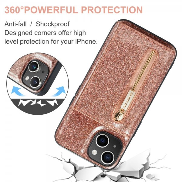 Dg.Ming iPhone 15 Cover M3 Series Aftagelig Kortholder Glitter Rosaguld