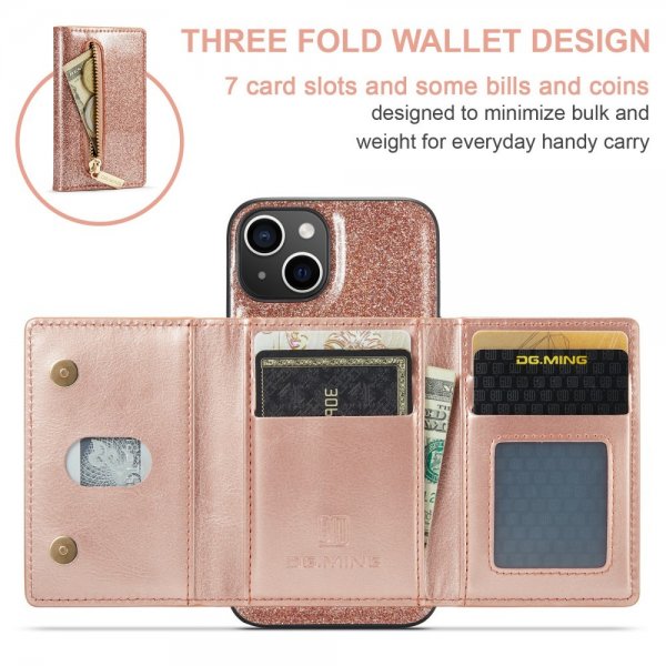 Dg.Ming iPhone 15 Cover M3 Series Aftagelig Kortholder Glitter Rosaguld