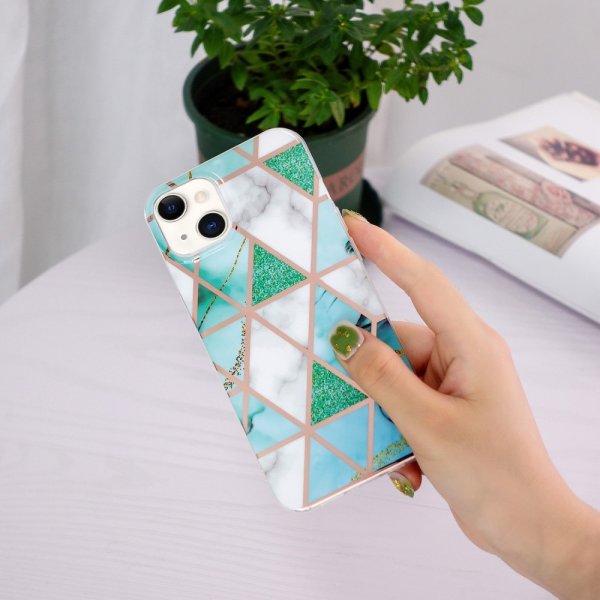iPhone 15 Cover Marmormønster Grøn Hvid