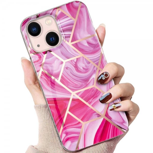 iPhone 15 Cover Marmormønster Rosa Rød
