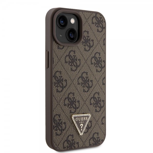 Guess iPhone 15 Cover Metal Logo Rhinestone Crossbody Rem Brun