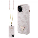 Guess iPhone 15 Cover Metal Logo Strass Crossbody Strap Rosa
