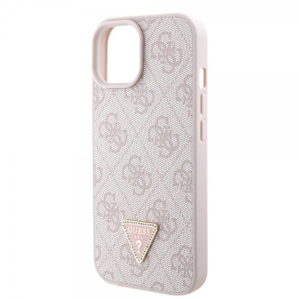 Guess iPhone 15 Cover Metal Logo Strass Crossbody Strap Rosa