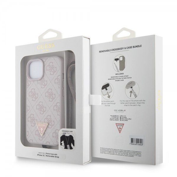 Guess iPhone 15 Cover Metal Logo Strass Crossbody Strap Rosa