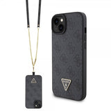 Guess iPhone 15 Cover Metal Logo Rhinestone Crossbody Strap Sort