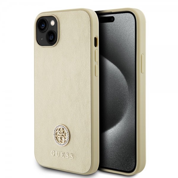 Guess iPhone 15 Cover Metal Logo Rhinestone Guld