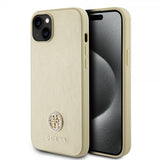 Guess iPhone 15 Cover Metal Logo Rhinestone Guld