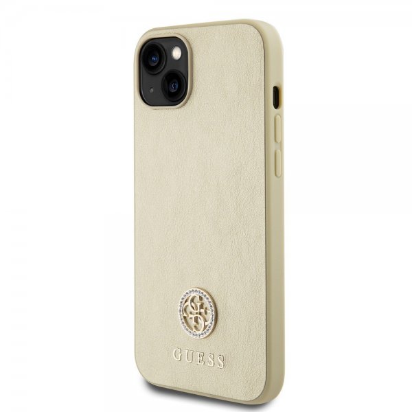 Guess iPhone 15 Cover Metal Logo Rhinestone Guld