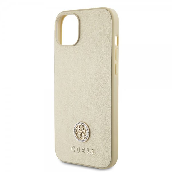 Guess iPhone 15 Cover Metal Logo Rhinestone Guld