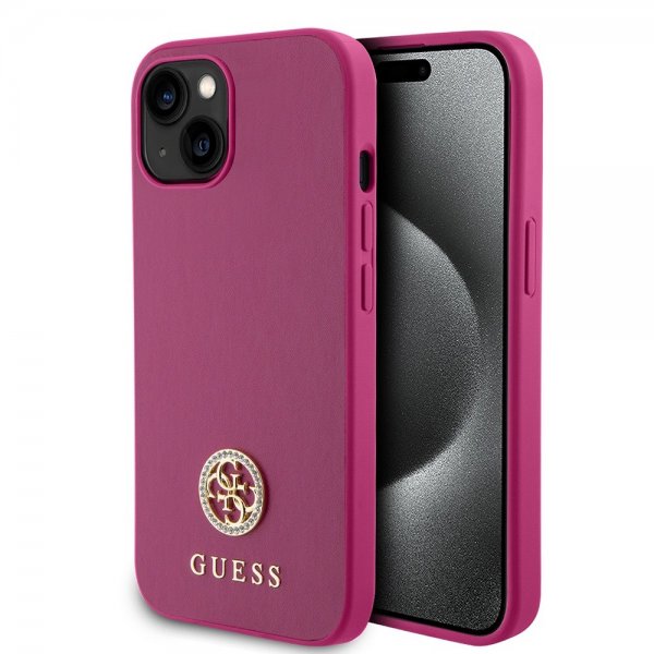 Guess iPhone 15 Cover Metal Logo Strass Metallic Rose
