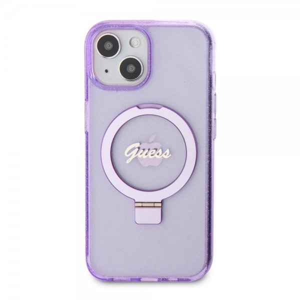 Guess iPhone 15 Cover Ring Stand Glitter MagSafe Lilla