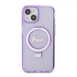 Guess iPhone 15 Cover Ring Stand Glitter MagSafe Lilla