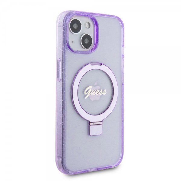 Guess iPhone 15 Cover Ring Stand Glitter MagSafe Lilla