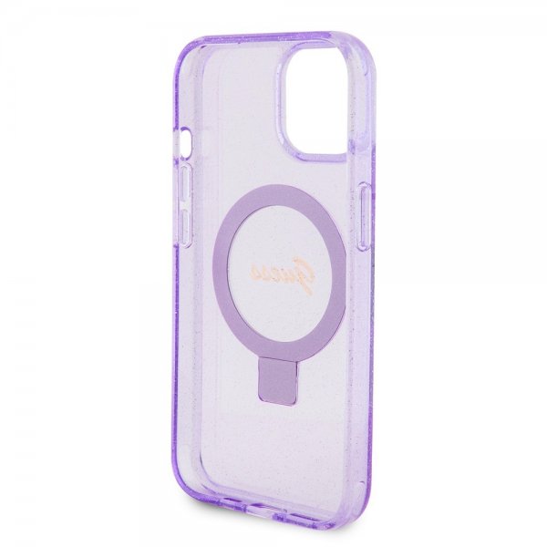Guess iPhone 15 Cover Ring Stand Glitter MagSafe Lilla