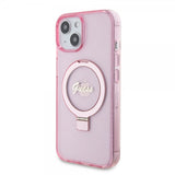 Guess iPhone 15 Cover Ring Stand Glitter MagSafe Rosa