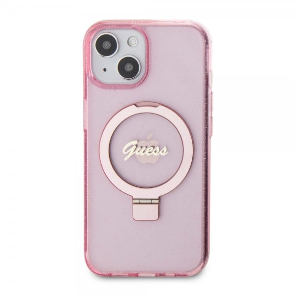 Guess iPhone 15 Cover Ring Stand Glitter MagSafe Rosa
