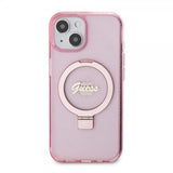 Guess iPhone 15 Cover Ring Stand Glitter MagSafe Rosa