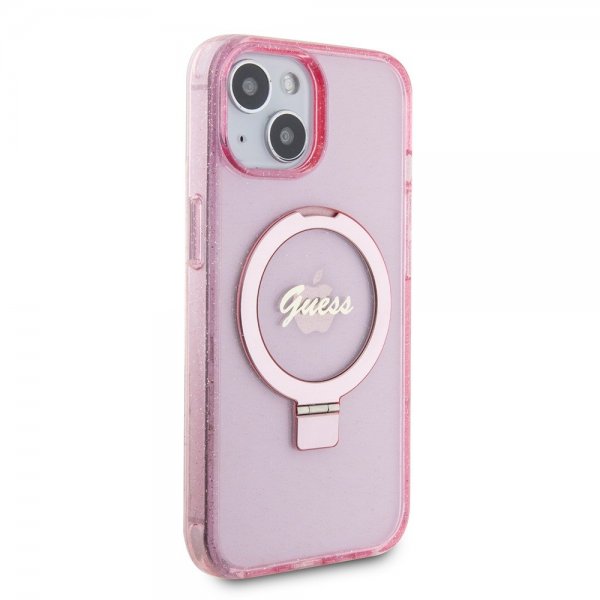 Guess iPhone 15 Cover Ring Stand Glitter MagSafe Rosa
