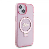 Guess iPhone 15 Cover Ring Stand Glitter MagSafe Rosa