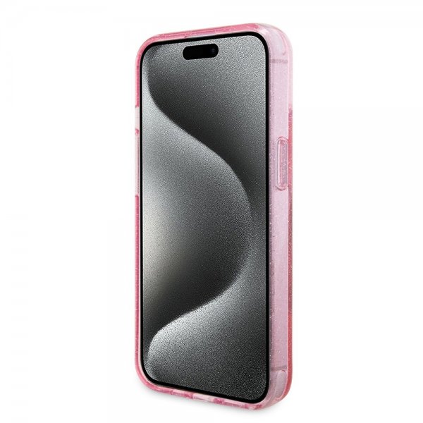 Guess iPhone 15 Cover Ring Stand Glitter MagSafe Rosa