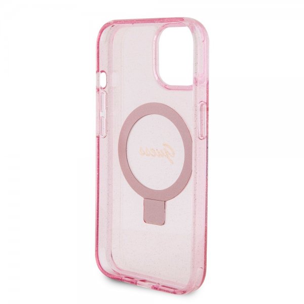 Guess iPhone 15 Cover Ring Stand Glitter MagSafe Rosa